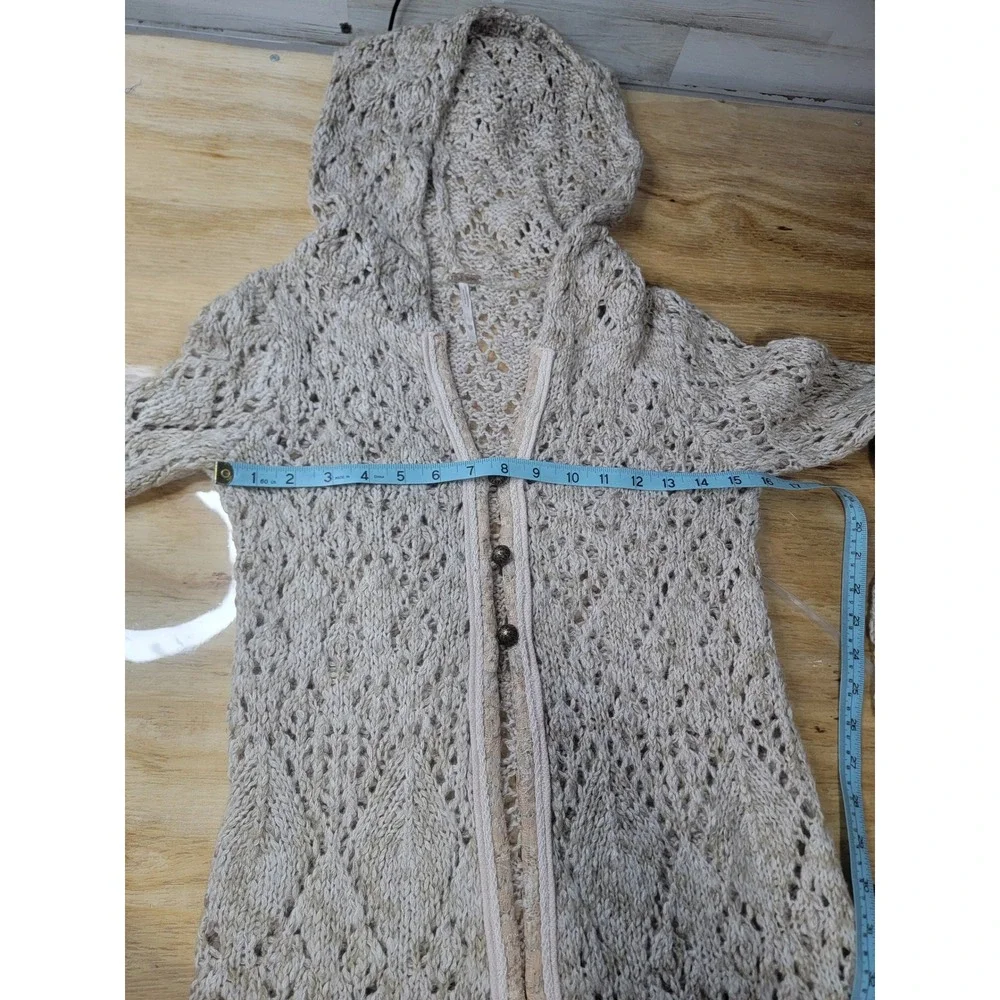 ♡Free People Womens Beige Pointelle Knit Hooded Cardigan Long Sweater XS